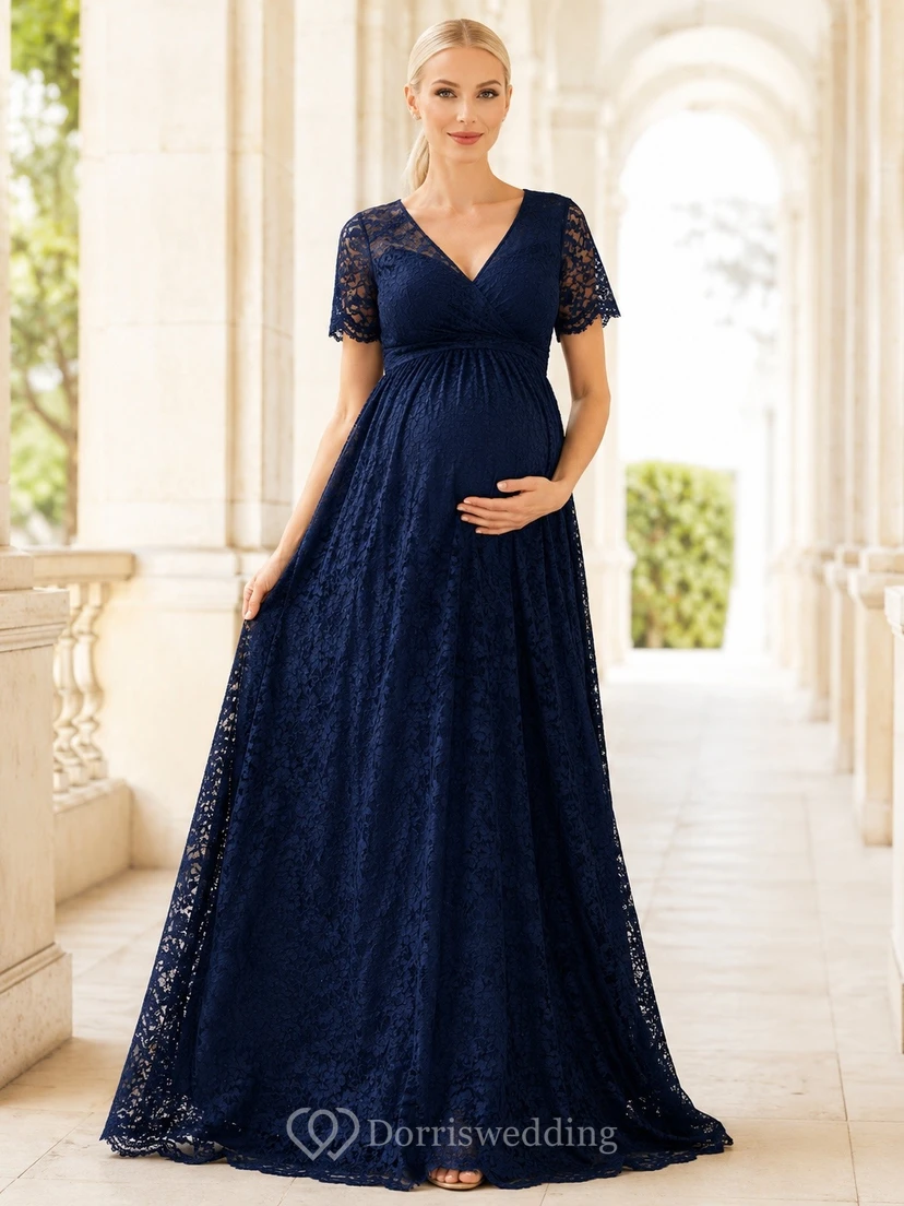 Maternity Elegant V-neck Short Sleeve Empire Lace Bridal Dress