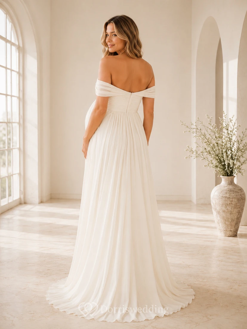 Umstandskleid in Elfenbein, Empire-Stil, bodenlang, schulterfrei, kurze Ärmel, Chiffon, romantisch, elegant, für Brautjungfern und Gäste, Gartenkleid view 2