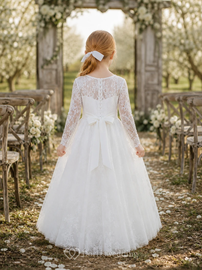 Robe de demoiselle d'honneur en dentelle ivoire et tulle, coupe trapèze, manches longues, col rond, longueur midi view 2