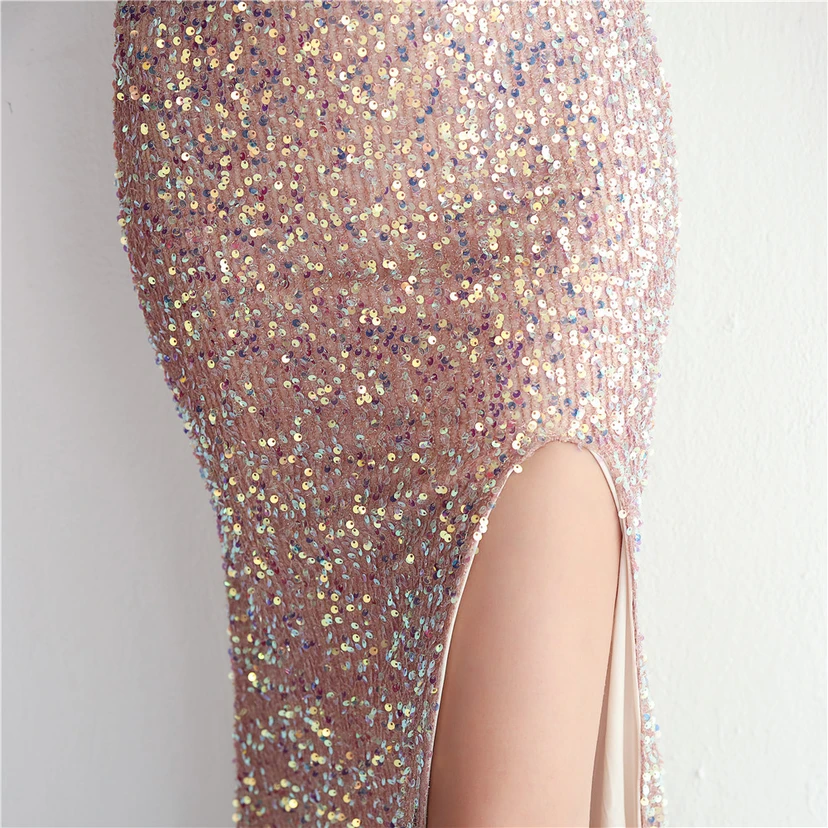 Heavy-Duty Glass Bead Craft Beaded Banquet Evening Dress Temperament Elegant Long Halter Neck Slit Sequins view 40