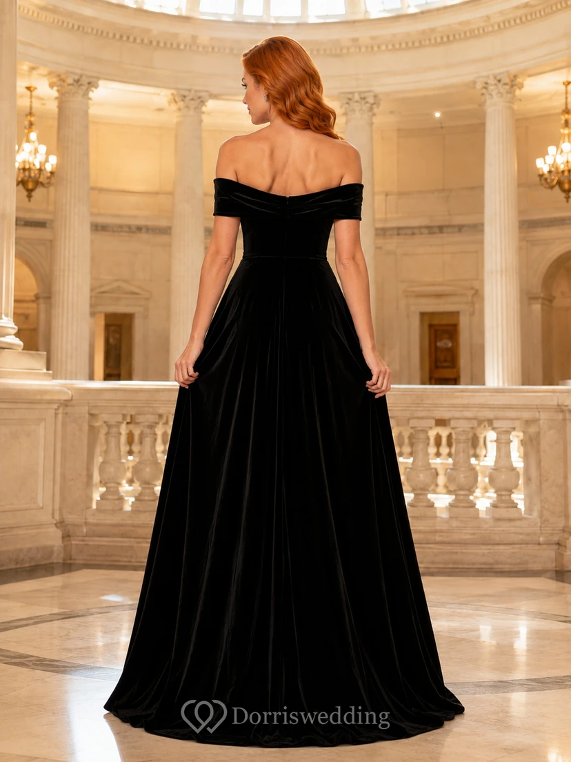 Black velvet off shoulder ball gown formal dress view 2