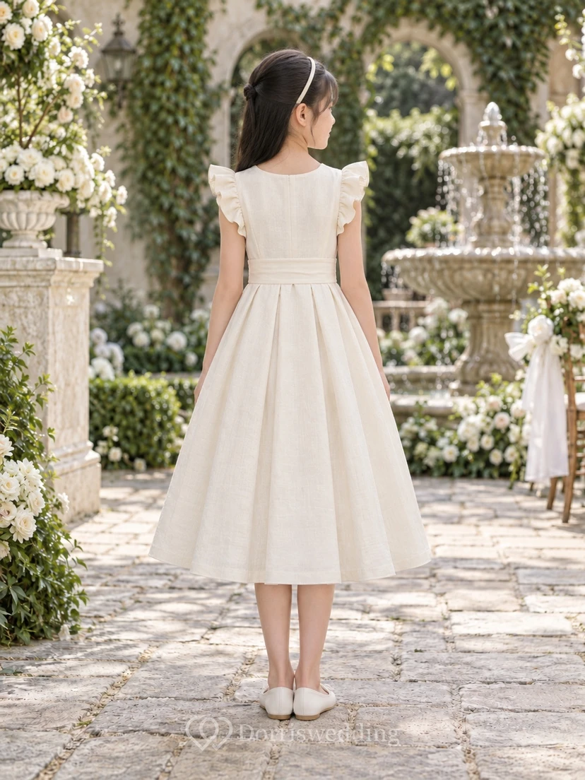 Tea-length Country Ivory A-line Pintucked Ruffle-sleeve Button-front Sashed Flower Girl Dress view 2