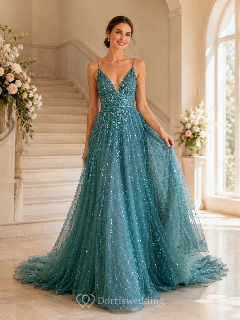 Türkisfarbenes Pailletten-Brautkleid mit Spaghettiträgern, V-Ausschnitt und A-Linien-Schnitt