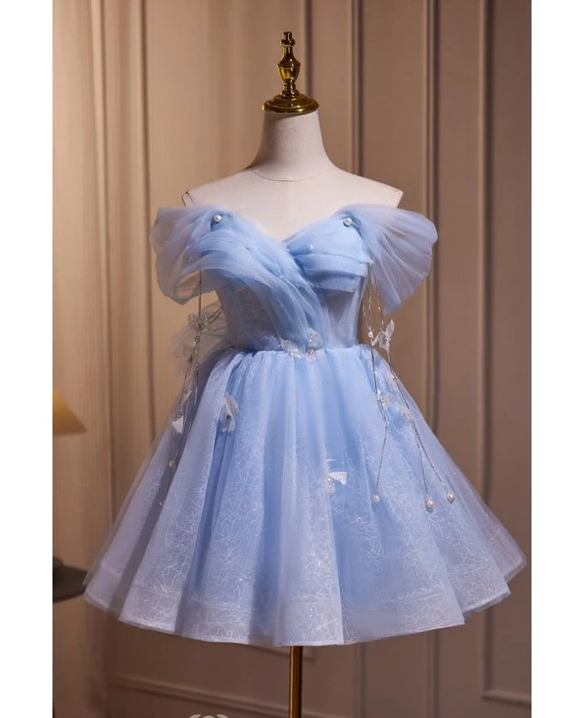 Sky Blue Off-the-Shoulder Tulle Dress with Lace view 11