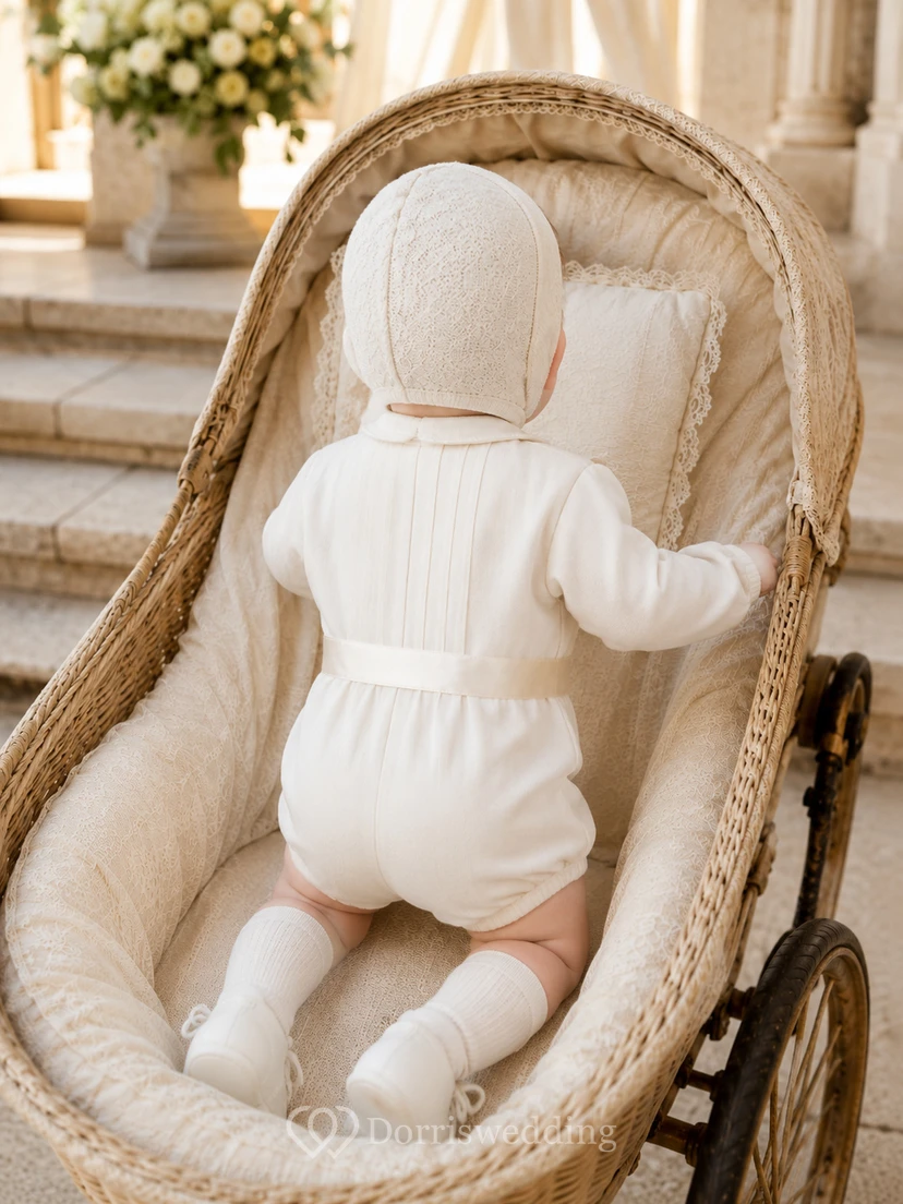 Erbstück Elfenbein Langärmeliger bestickter Lätzchen-Tauf-Strampler für Babys view 2
