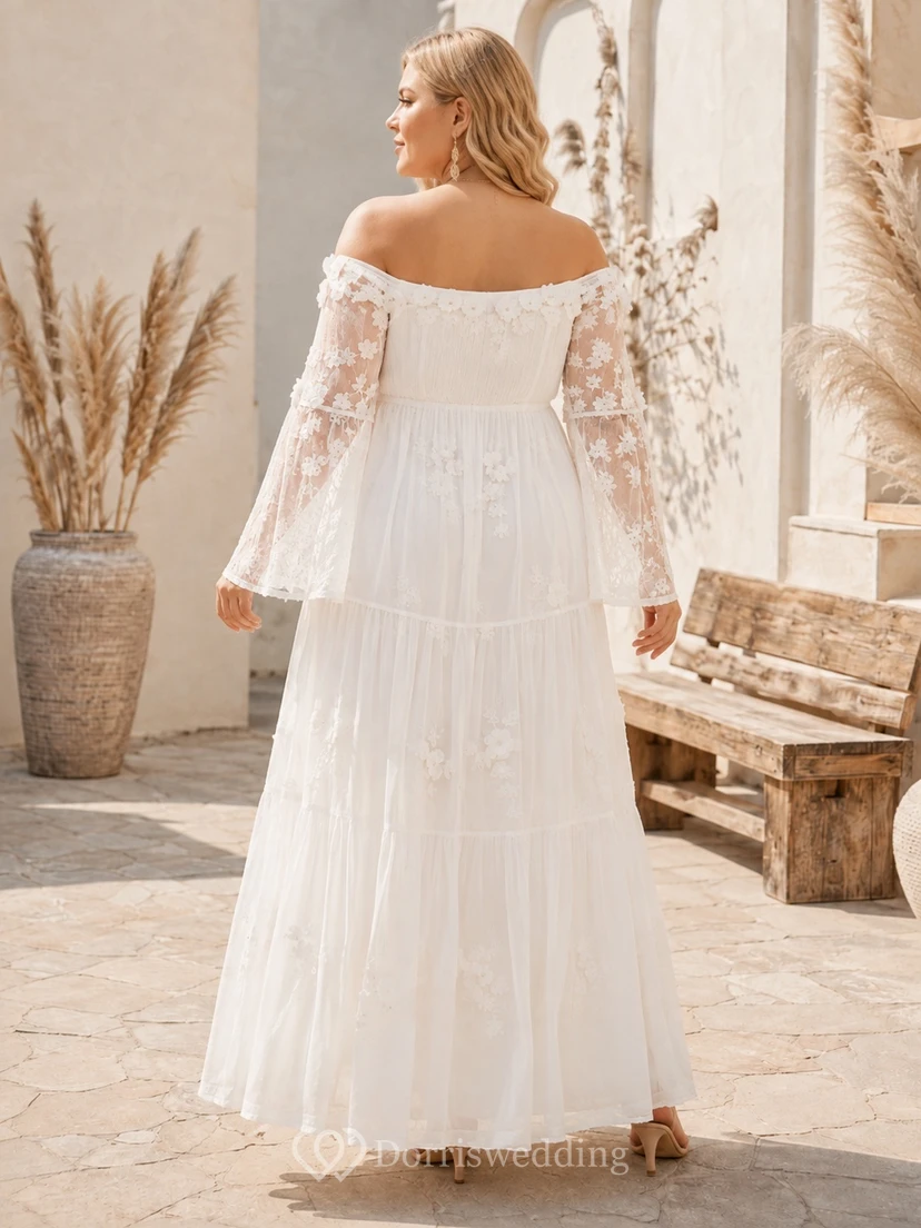 Plus Size Boho Off-Shoulder Long Bell Sleeve Lace Tiered Floor-Length Wedding Dress view 2