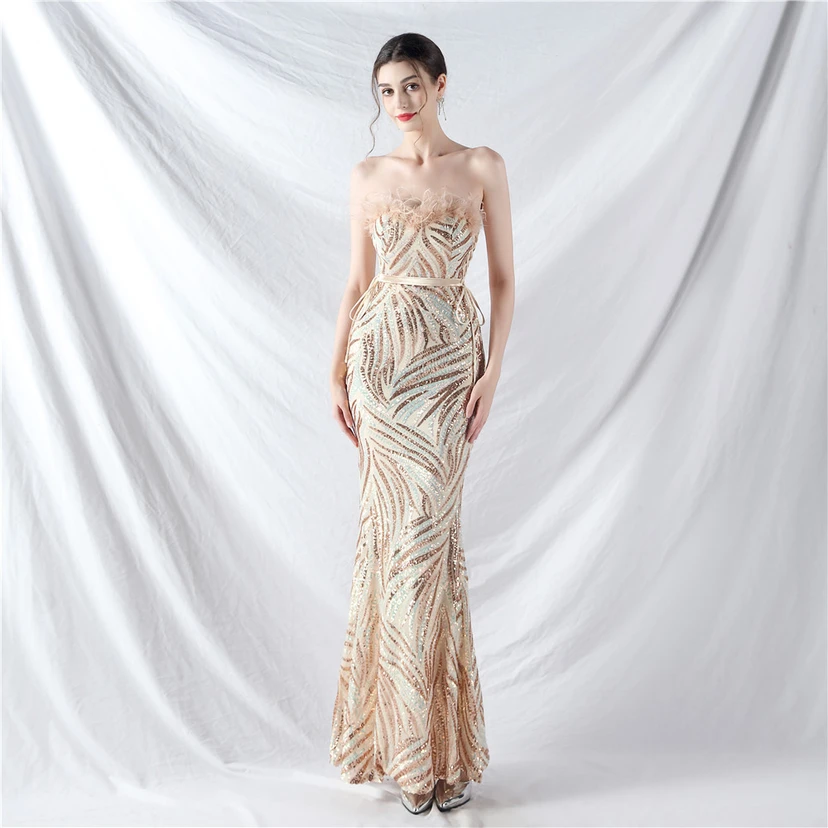 Double-Binding Rope-Binding Craft-Made Ostrich Feather Encrypted Laminated Beads High-End Evening Dress view 51