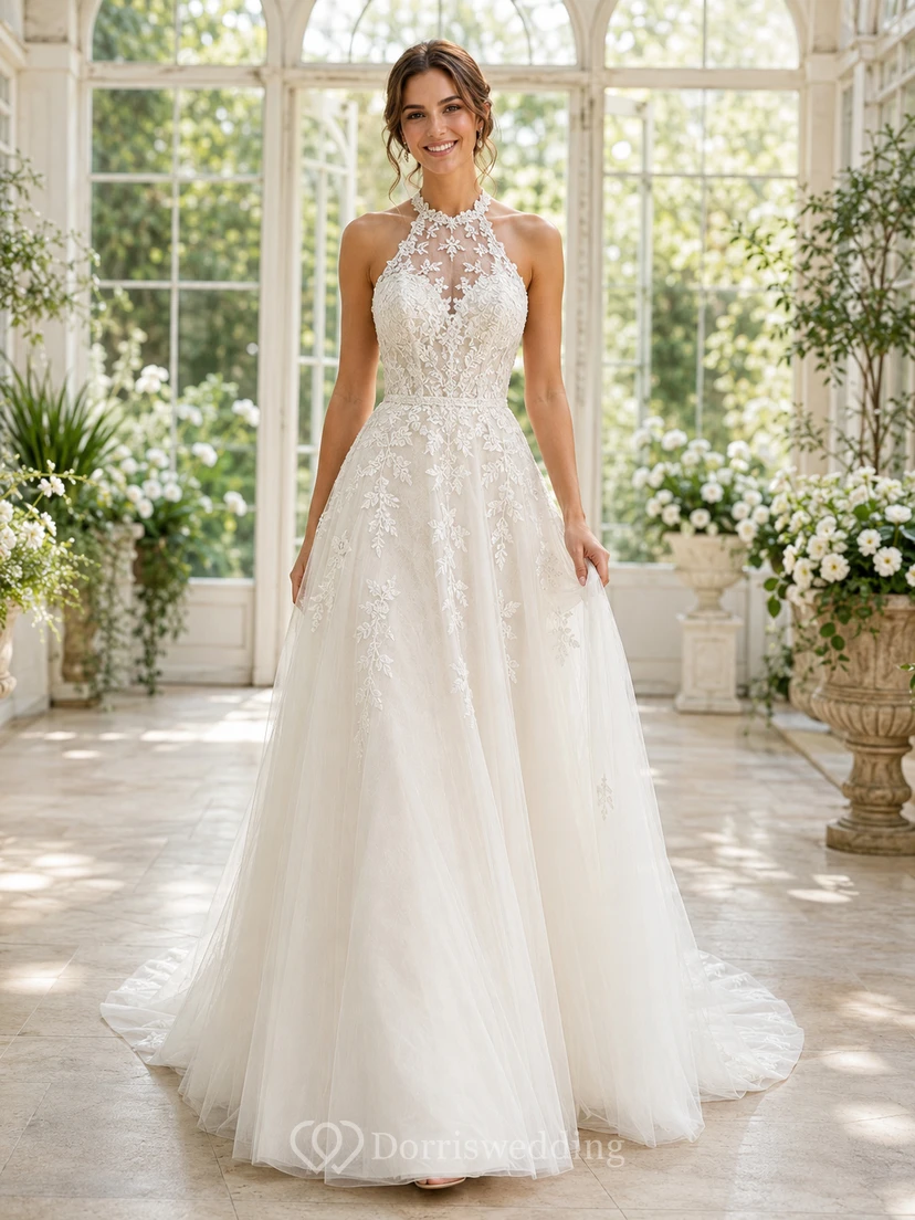 Romantic Halter Lace Tulle Wedding A Line Sleeveless Chapel Train