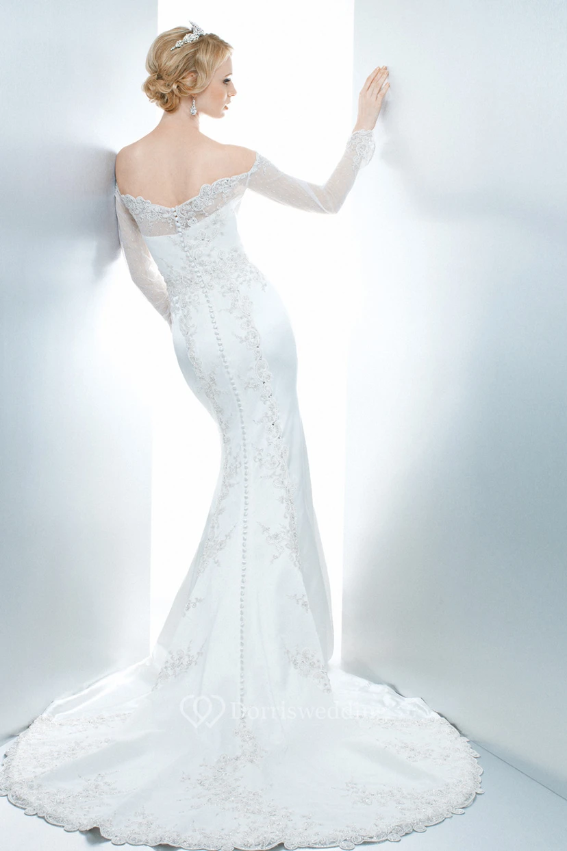 Mermaid Appliqued Off-The-Shoulder Illusion Sleeve Satin Wedding Dress view 2