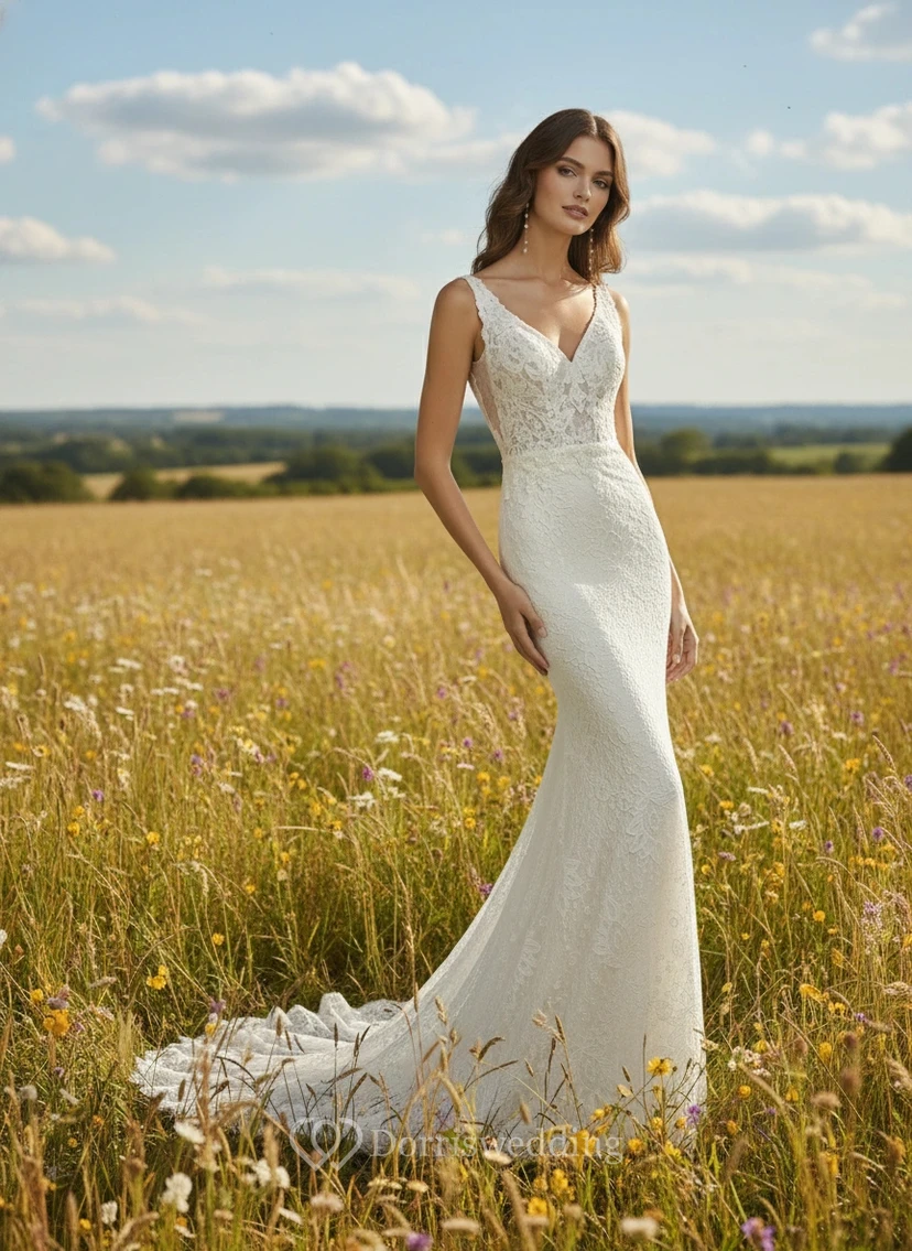 Floral Lace Mermaid Wedding Dress V-Neck Sleeveless Fitted Trumpet Bridal Gown with Train
