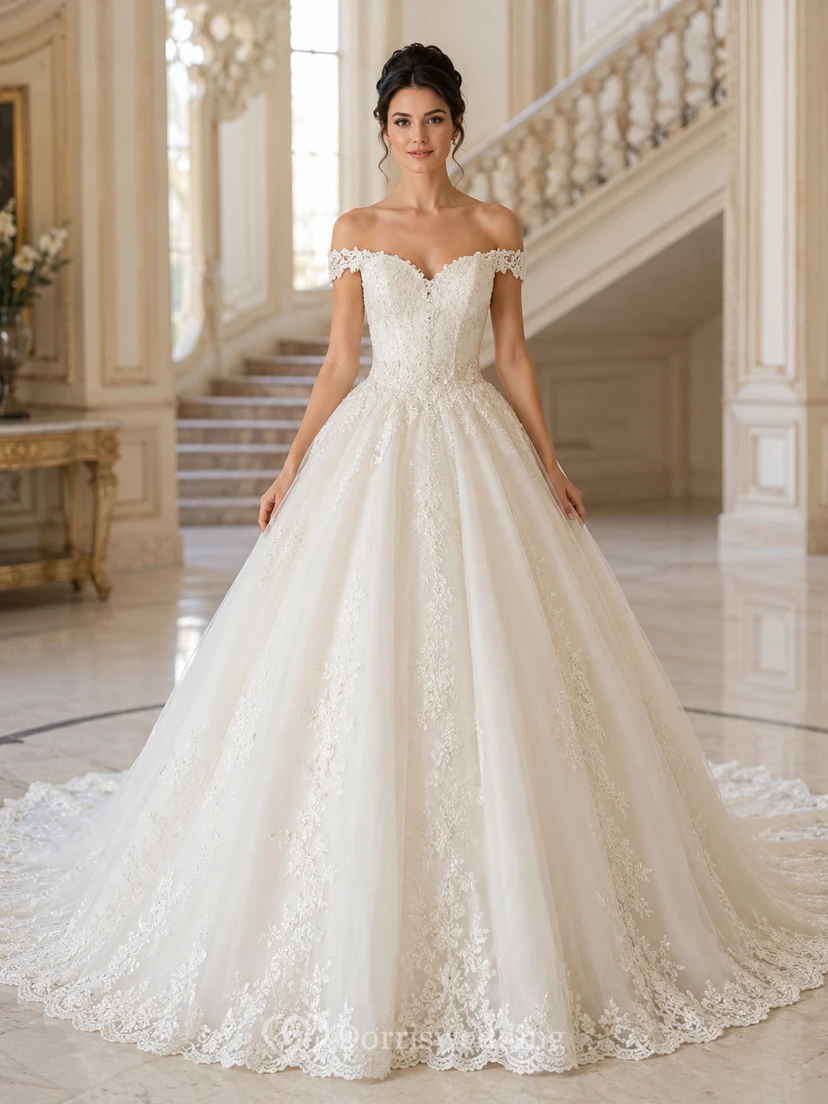 Robe de bal en dentelle florale à épaules dénudées et traîne cathédrale