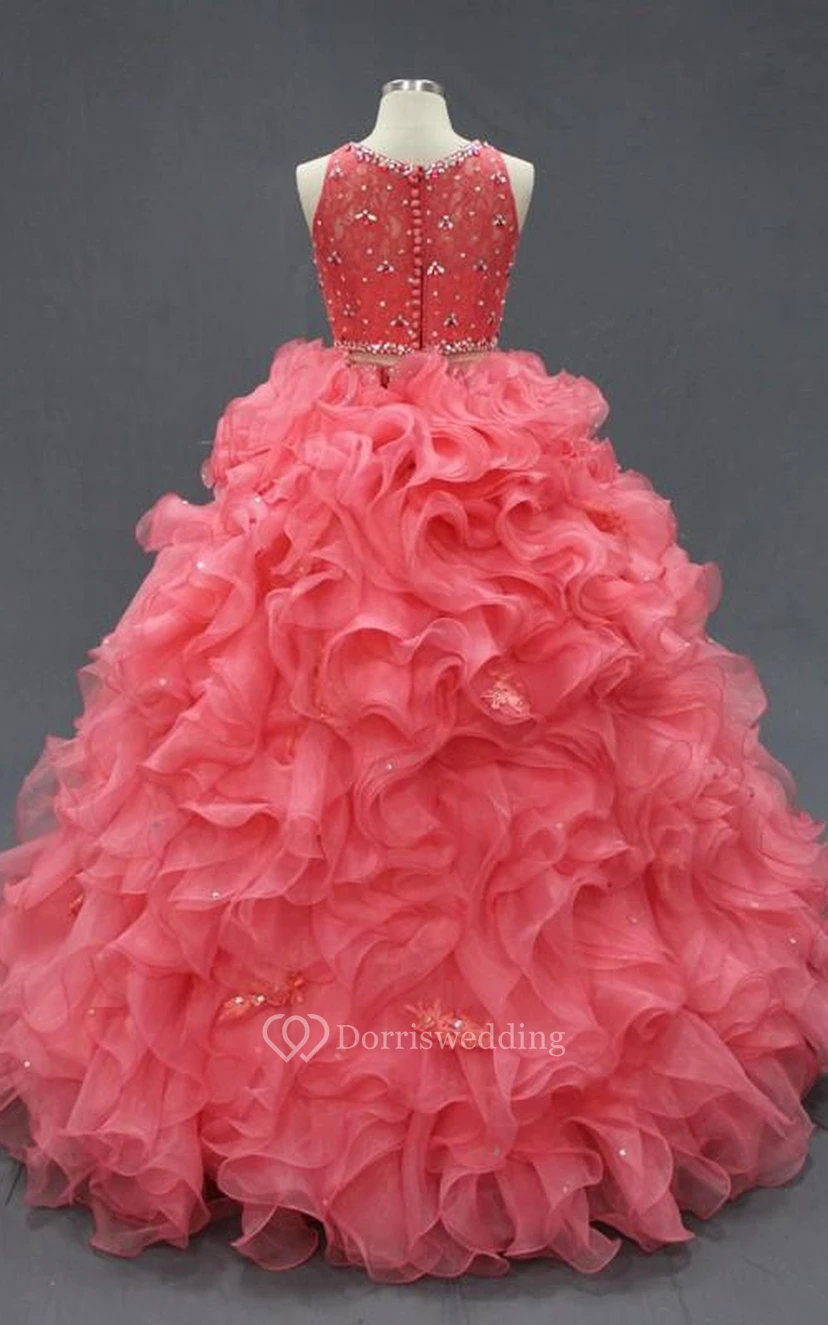 Bodenlanges Kleid aus Organza mit Perlenstickerei, Rüschen, Reißverschluss, Korsettschnürung am Rücken und Spitze view 3
