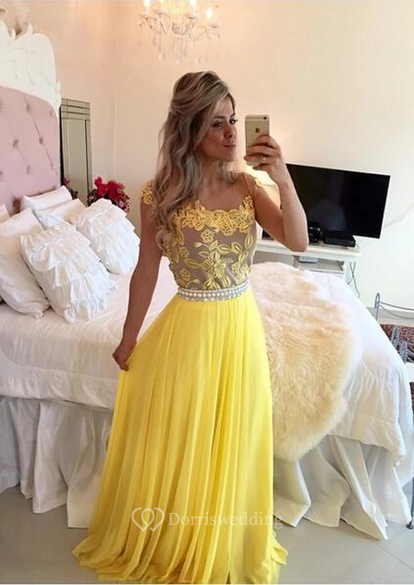 Delicate Yellow Chiffon Pearls Prom Dress Lace Appliques