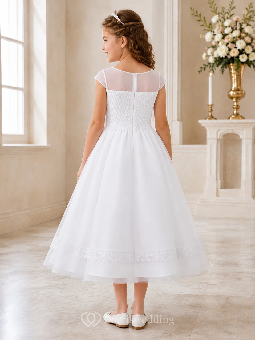 Weißes, gerafftes Tüllkleid mit Illusionsausschnitt, Spitzenärmeln, geraffter Taille und bodenlangem Kommunionskleid für Blumenmädchen view 2