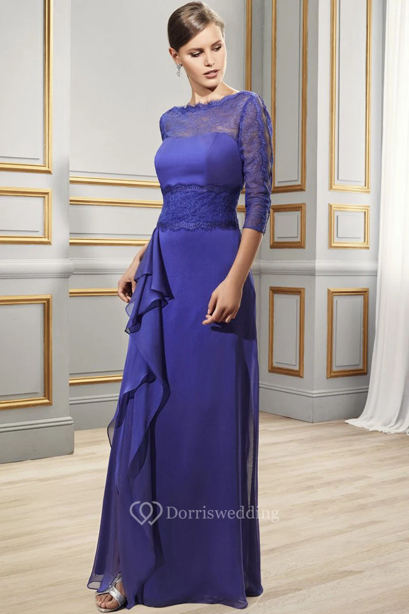 Etuikleid mit drapiertem Rundhalsausschnitt, 3-4 Ärmeln, langem Tüll und Satin, formelles Kleid mit Spitze