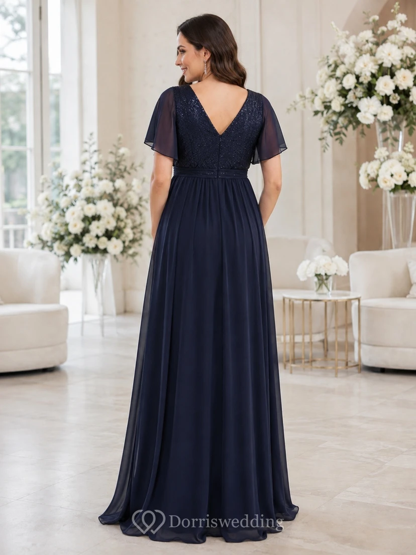 Dark Navy V-Neck Short Sleeve Chiffon Empire Maternity Gown view 2