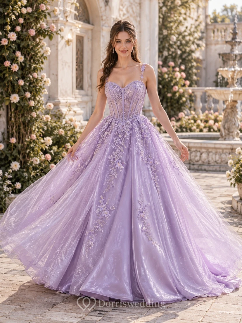Lavender Spaghetti Beaded Corset Tulle Ball Gown Floor-Length Luxury Prom Dress