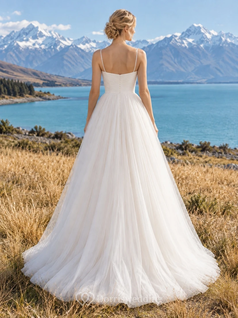 Schlichtes Brautkleid aus Tüll in A-Linie mit eckigem Ausschnitt und breiten Trägern view 2