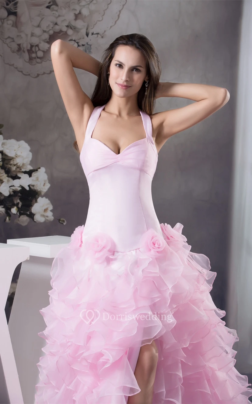 Pastel Ruffled Front-Split Halter and Dress With Flower view 4