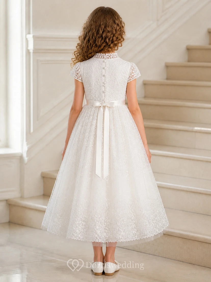 Modest Tea-length A-Line High Neck Short Sleeve Lace Flowergirl Dress view 2