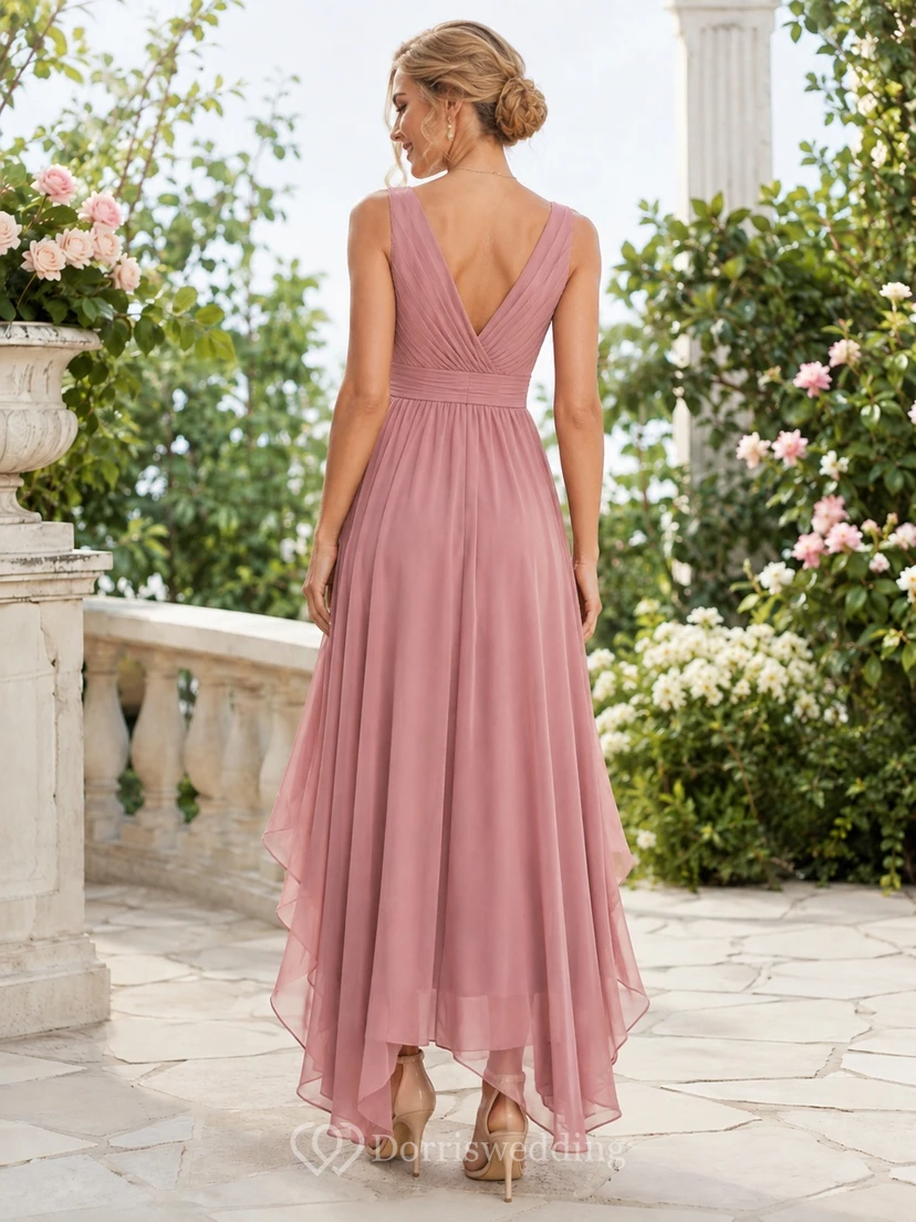 Dusty Rose V-Neck Pleated Draped Chiffon High-Low A-Line Dress view 2