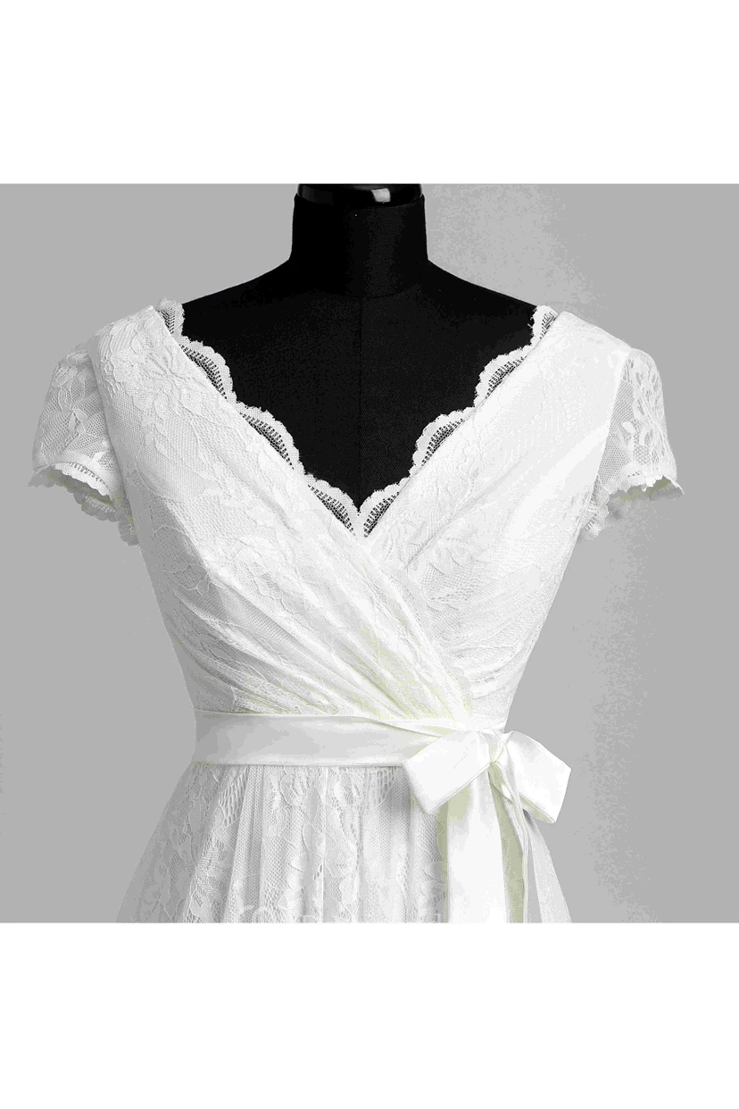 A Line Garden Cap Short Sleeve Wedding Dress view 8