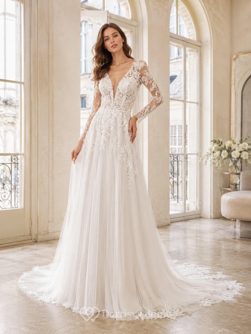 Elegantes Brautkleid aus Chiffon-Spitze mit tiefem V-Ausschnitt, langen transparenten Ärmeln und A-Linien-Schnitt, Kapellenschleppe