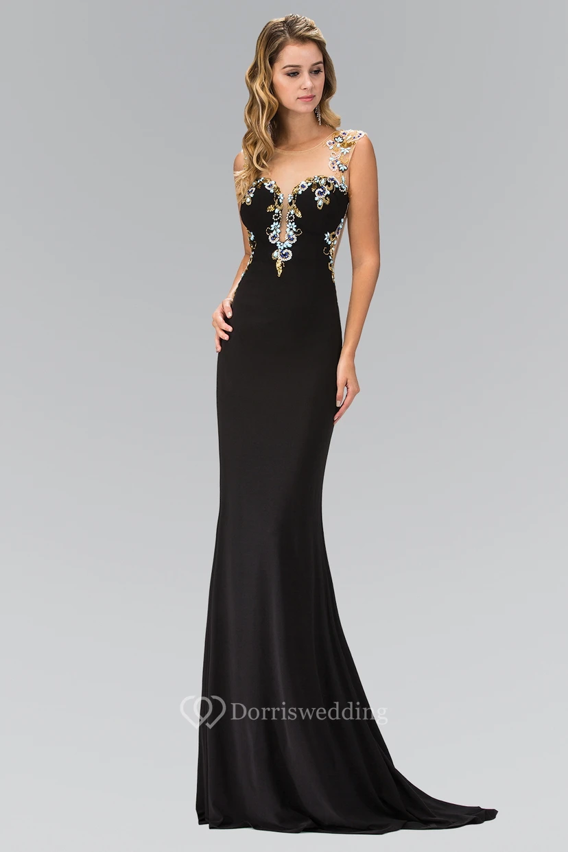 Sheath Scoop-Neck Cap-Sleeve Jersey Illusion Dress With Beading