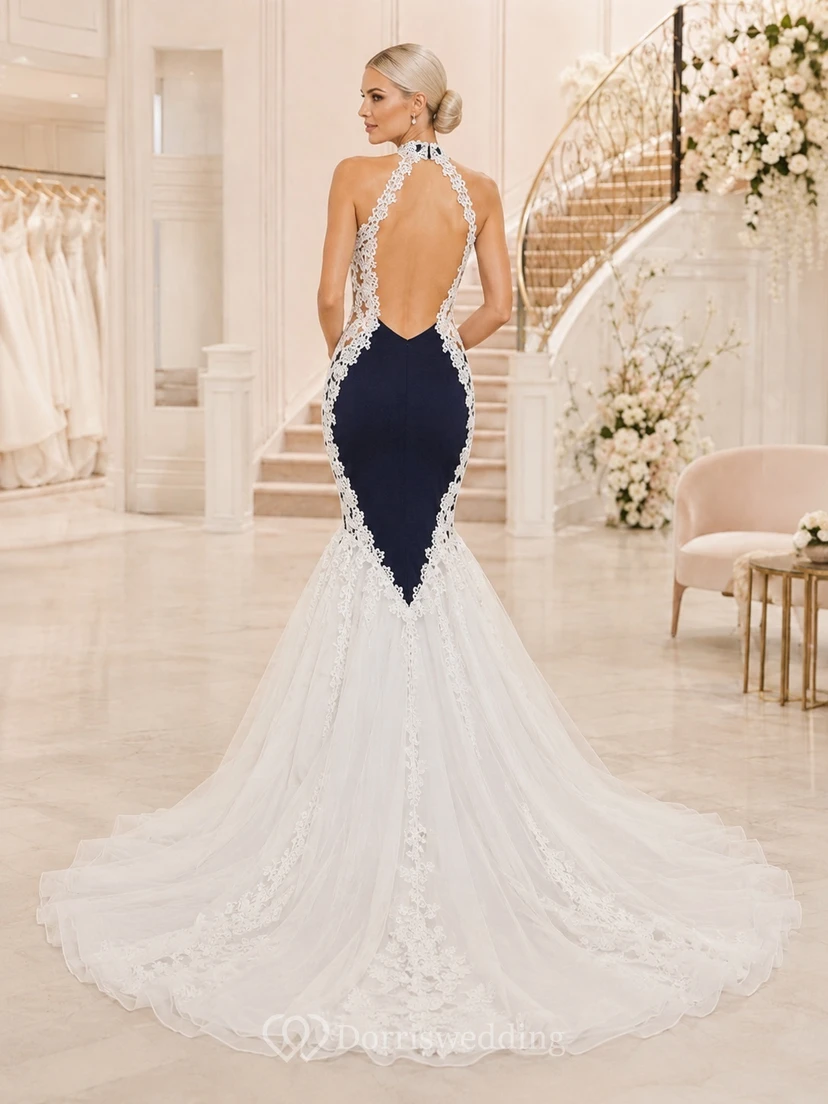 Modernes Brautkleid im Meerjungfrauen-Stil mit Farbblock-Design, ärmellos, aus Stretch-Satin view 2