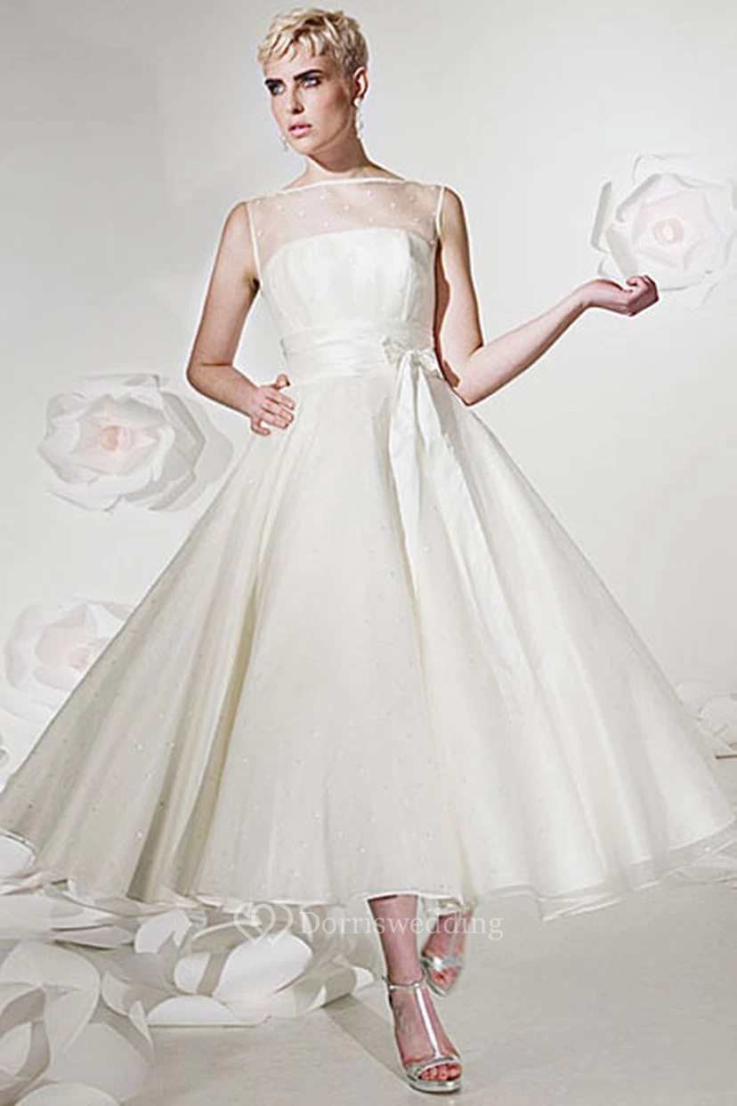 A-Line Tea-Length Sleeveless Jewel-Neck Tulle&Satin Wedding Dress With Ribbon And Illusion