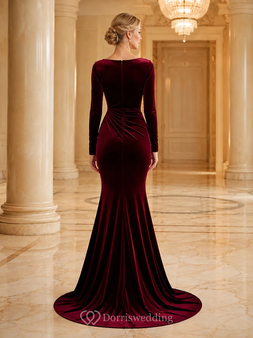 Robe de soirée sirène élégante en velours bordeaux à manches longues et coupe bateau, style sirène, sexy view 2