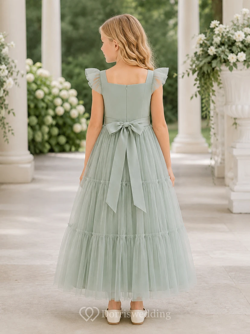 Sage Tiered Tulle A-Line Flower Girl Dress with Short Sleeves, Square Neck, Tea-Length Skirt, Bow Detail and Tiered Skirt view 2