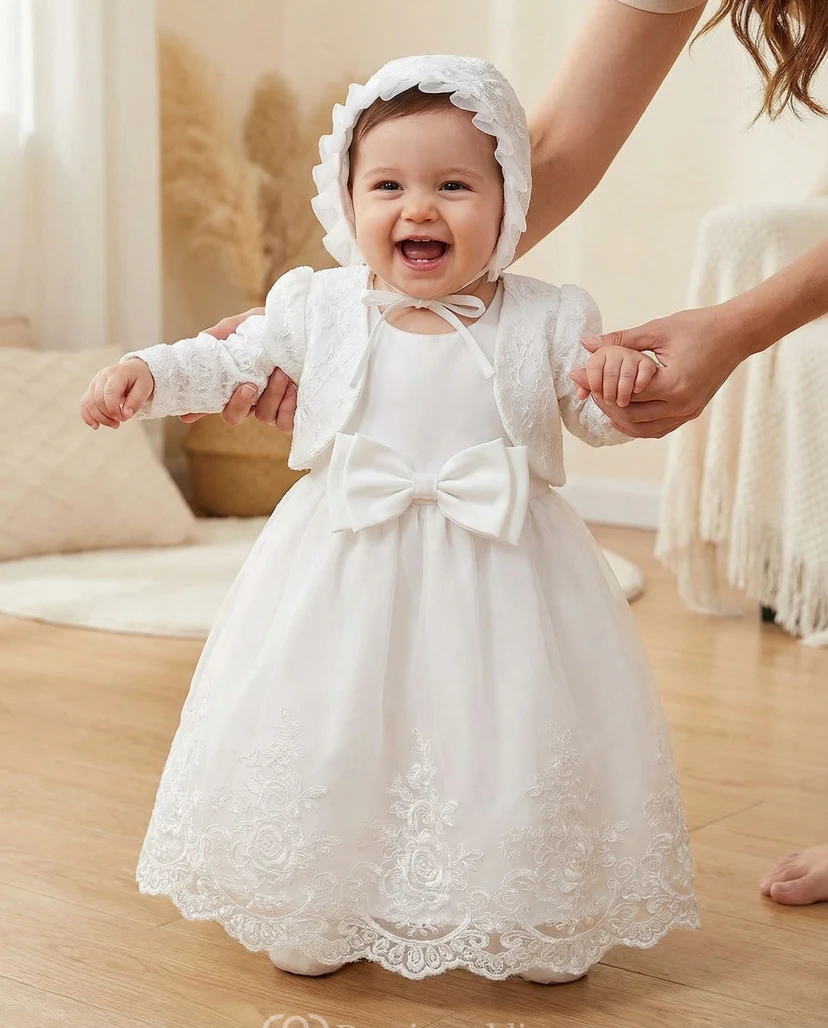 Weißes Taufkleid für Blumenmädchen, langärmelig, mit Spitze und Schleife