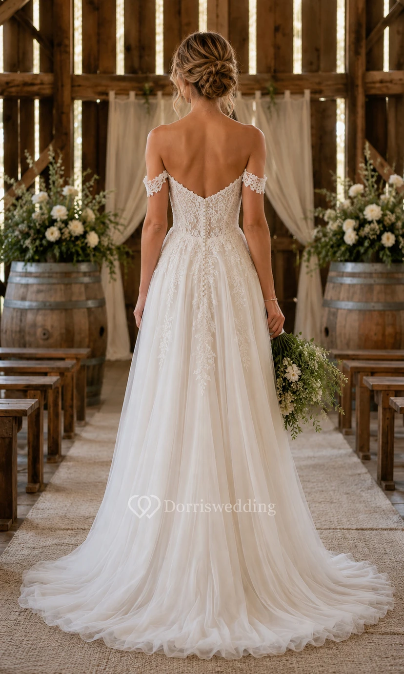 Off-the-Shoulder A-Line Country Wedding Dress with Lace Bodice and Tulle Skirt view 2