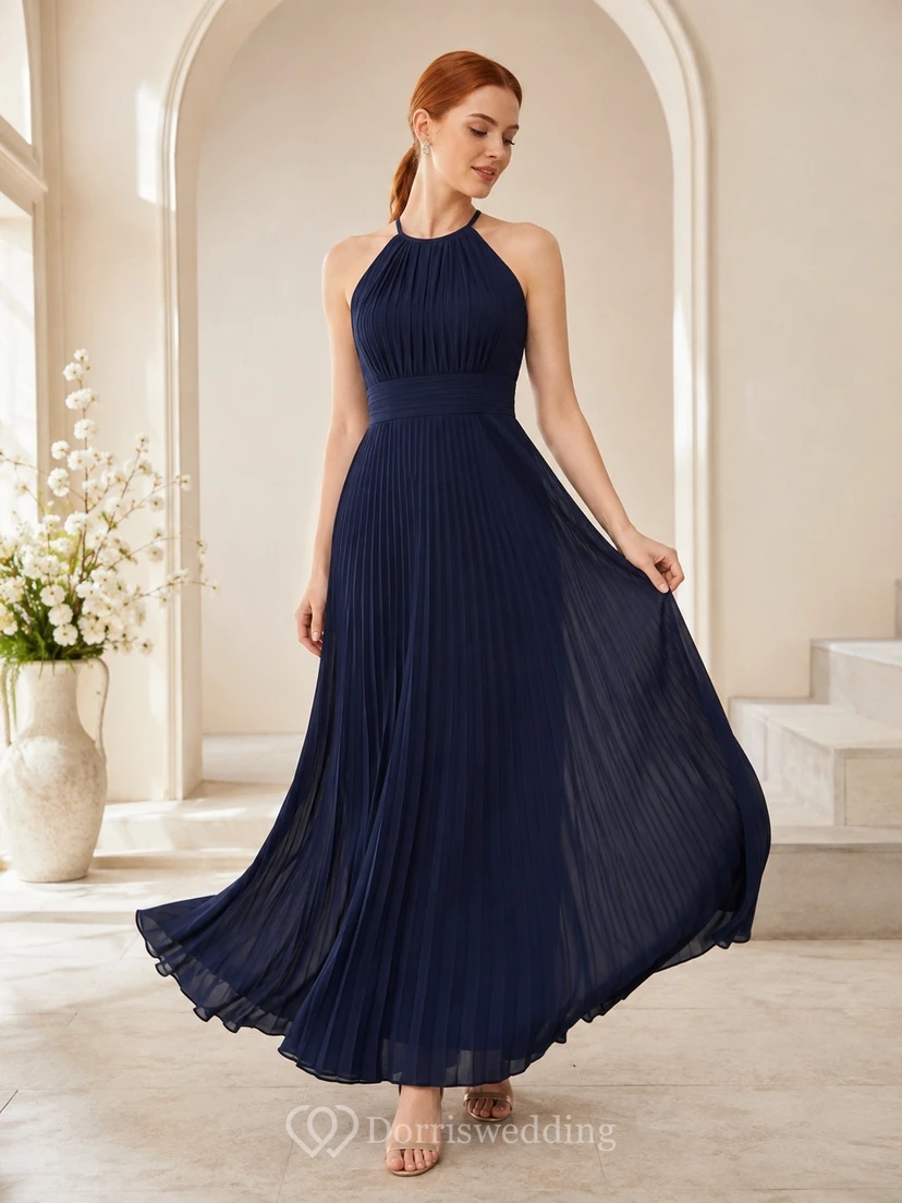 Ink Navy Sleeveless Halter Pleated Chiffon A-Line Floor-Length Guest Dress