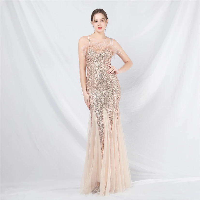 Craft Ostrich Feather Mesh Sequined Long Evening Dress view 47