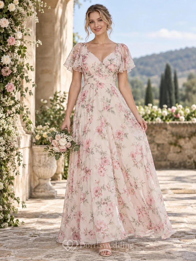 Vestido de dama de honor de gasa color rosa rubor con estampado floral, mangas suaves con volantes, escote en V y largo hasta el suelo, corte en A.