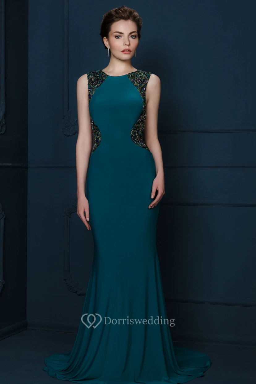 Sheath Long Beaded Scoop-Neck Sleeveless Jersey Evening Dress