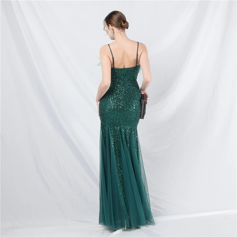 Craft Ostrich Feather Mesh Sequined Long Evening Dress view 33