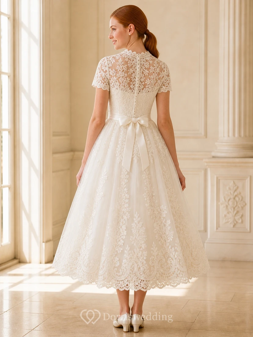 Vestido de novia civil vintage de corte A hasta la rodilla con cuello alto y estilo capitoné. view 2