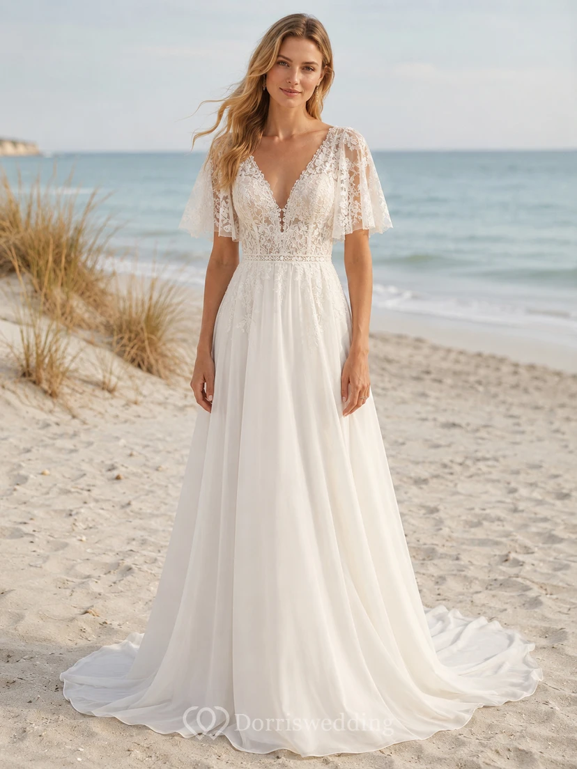 Strandhochzeitskleid aus Spitze und Tüll, A-Linie, V-Ausschnitt, kurze Ärmel, Schleppe