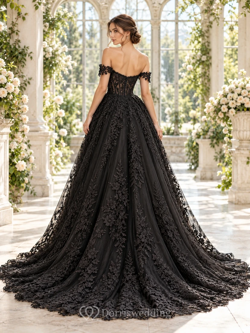 Black Off Shoulder Floral Panel Lace A-Line Bridal Wedding Dress view 2