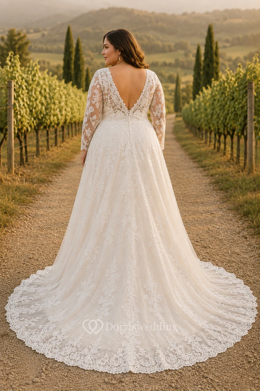 Plus Size Ivory Long Sleeve Lace A-Line Wedding Dress Train view 2