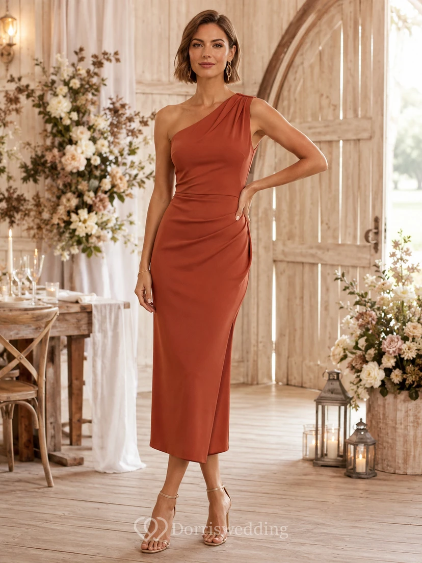 Terracotta One Shoulder Satin Sheath Tea Length Guest Dress