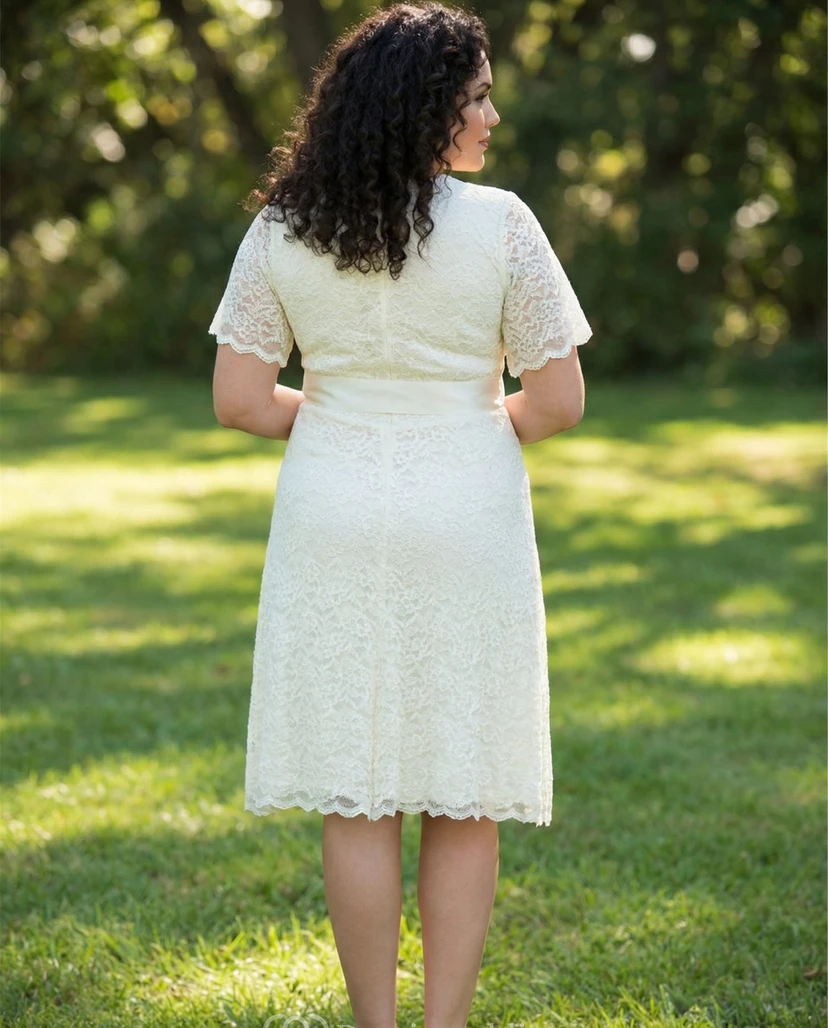Short Sleeve A-Line Lace Dress with Satin Waist view 2
