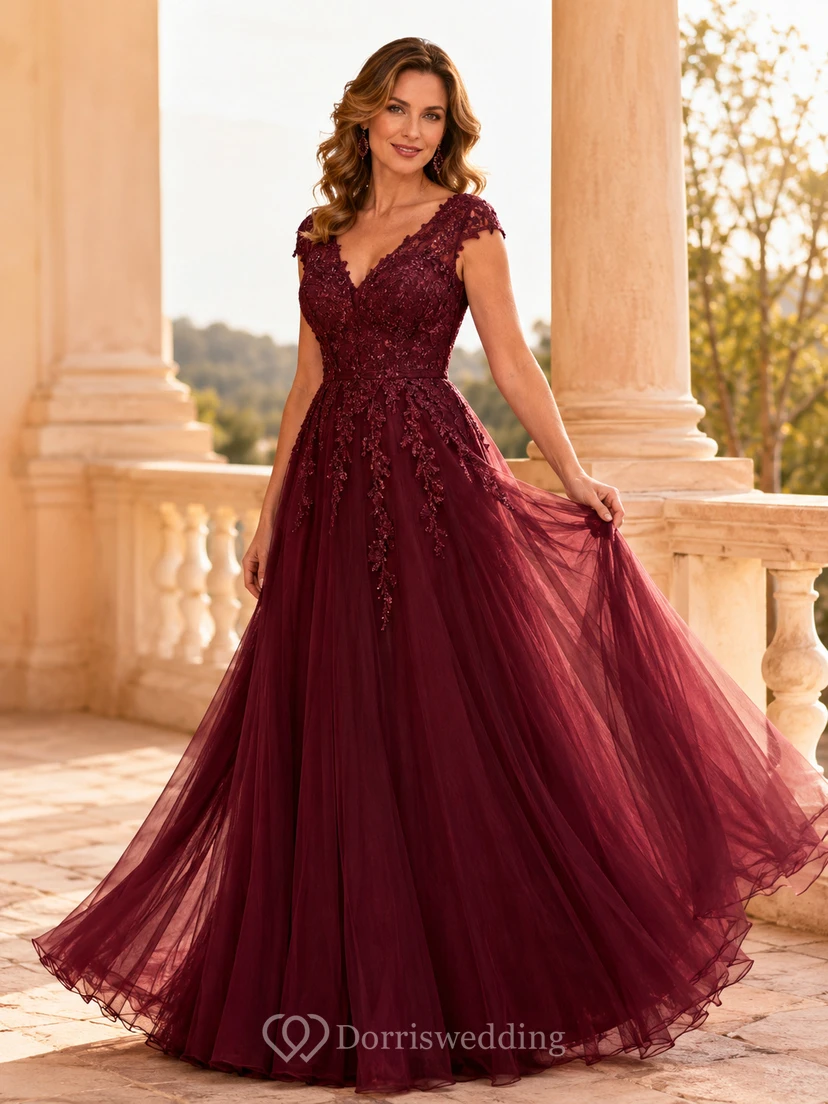 Burgundy V-Neck Cap Sleeve Floral Applique Tulle A-Line Floor Length Mother Dress