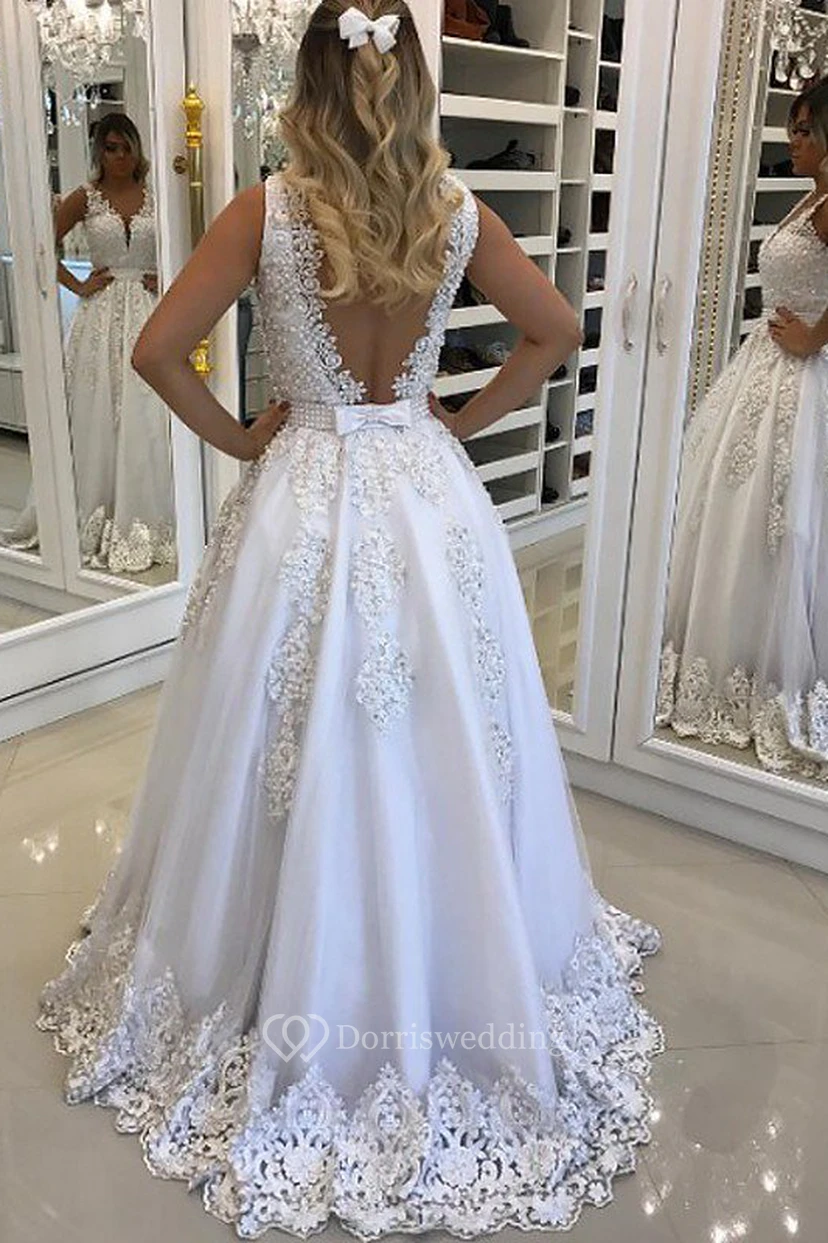 A-Line Lace Tulle V-neck Sleeveless Open Back Deep-V Back Dress view 2