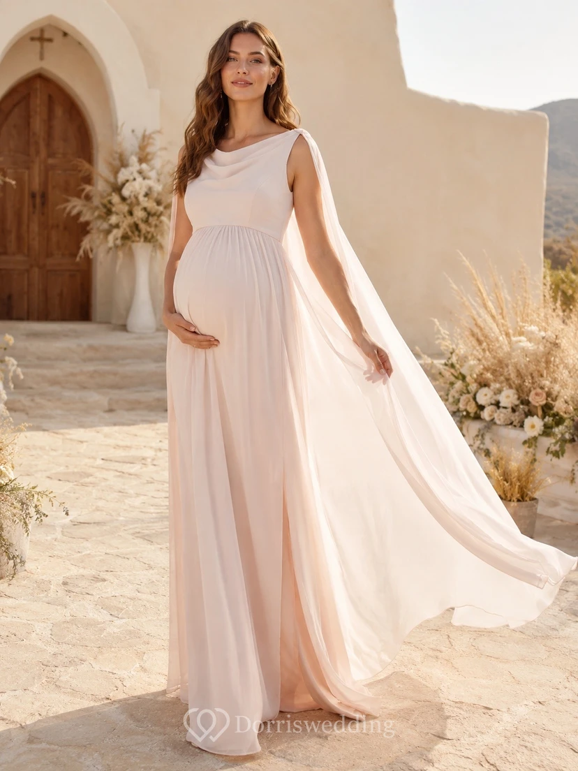 Vestido de novia de maternidad sencillo, estilo imperio, color rosa empolvado, largo hasta el suelo, con capa.
