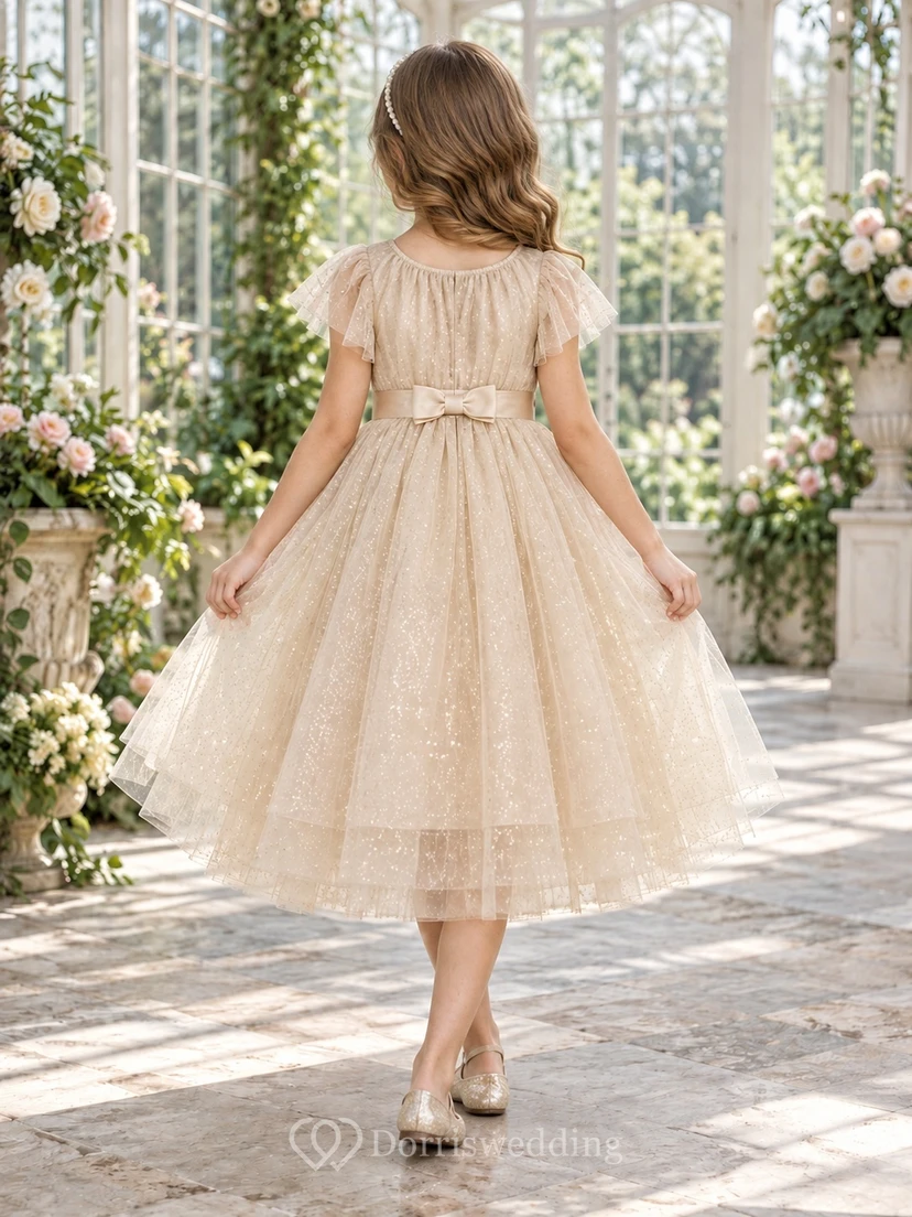 Tea-length Champagne A-line Tulle Flutter-sleeve Pleated-bodice Sparkling Bow-waist Flower Girl Dress view 2