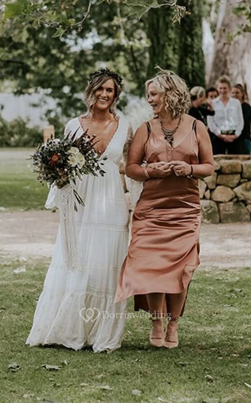 Boho Long Sleeve A-line Wedding Dress | Lace Country Casual Bridal Gown view 3